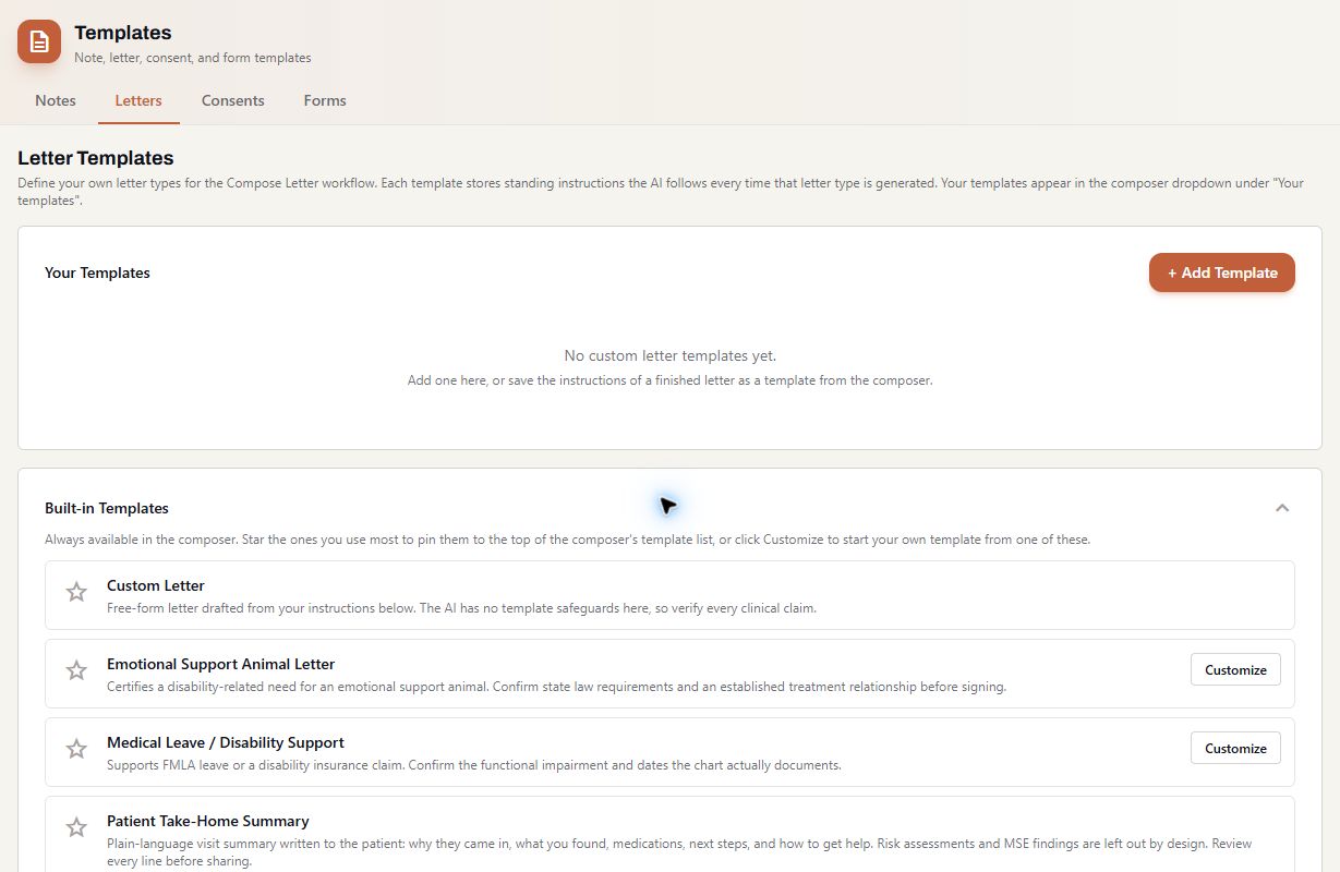 Actual test workspace showing the letter template library, Add Template, and built-in letter types